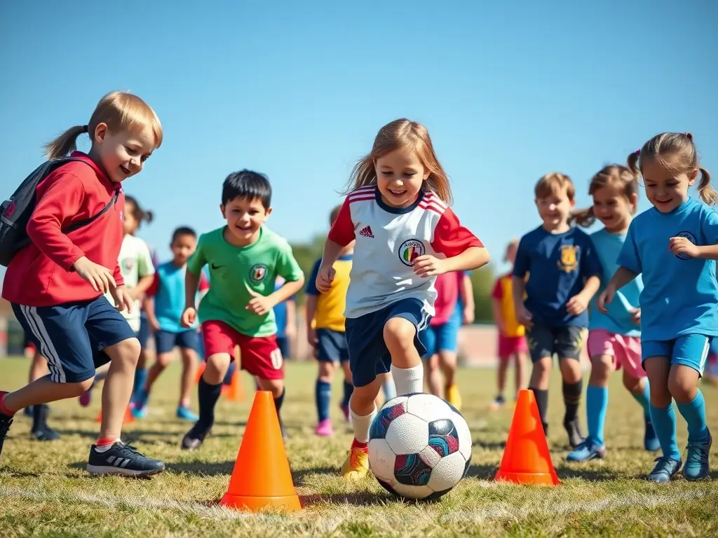 Children enjoying a fun football drill with smiles.