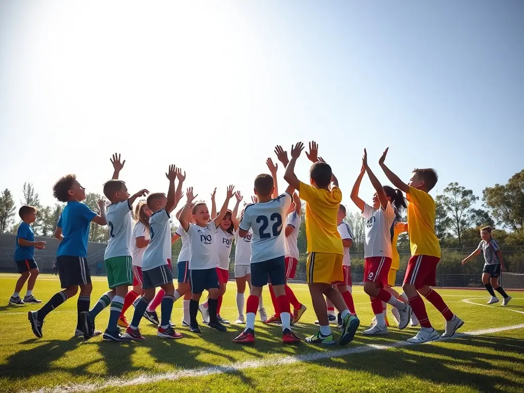 Children celebrating a goal with high-fives on the field.